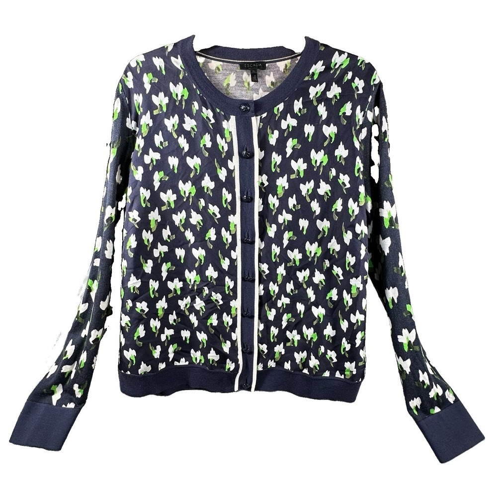 Escada Cardigan Blue Floral Wool Silk Blend Size Medium Artsy Abstract Print